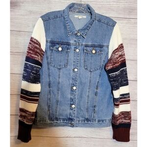 Francesca Miami Denim Blue Jean Jacket Womens Size M Knit Sleeves Boho Patchwork